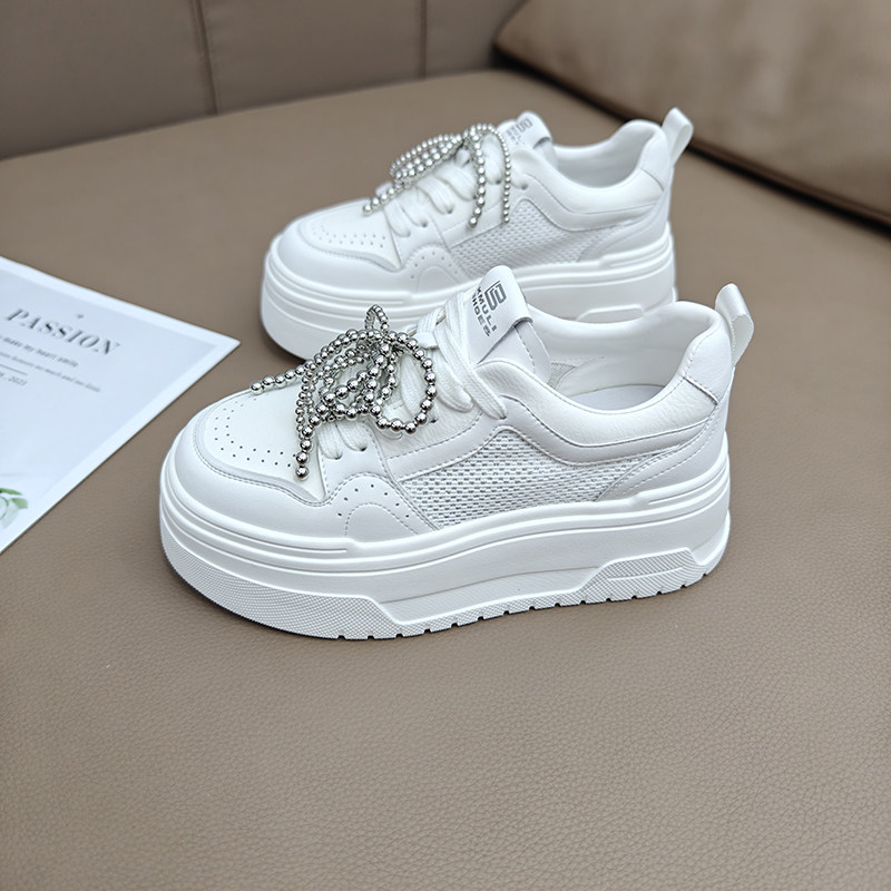 透气休闲网面鞋厚底板鞋女2025夏季轻便系带百搭松糕鞋增高小白鞋