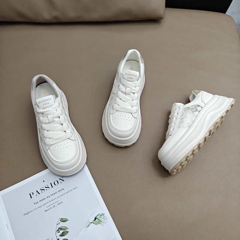 透气米色小白鞋女2026夏季新款增高百搭系带休闲厚底网面轻便板鞋