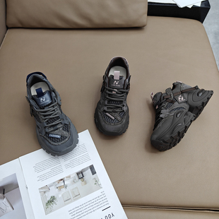 厚底增高炸街运动休闲鞋 复古灰色水钻显脚小真皮老爹鞋 女2025新款