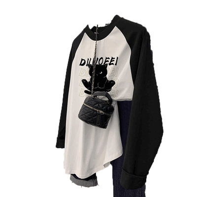 大码新款长袖上衣女插肩设计感t