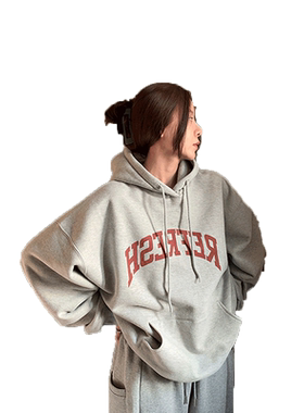 欧美酒红加绒连帽卫衣女oversize