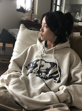 bf慵懒风oversize大码连帽卫衣女春秋2021新款设计感宽松长袖上衣