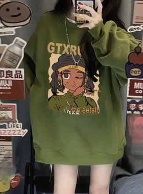 美式复古oversize绿色卫衣女加绒ins潮牌大码秋冬街头风圆领上衣