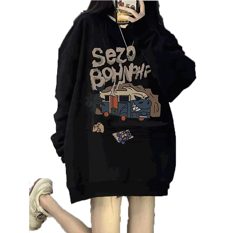 超火cec复古大码卫衣女黑色显瘦