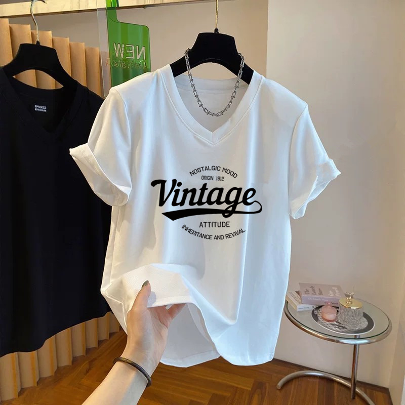 大码复古风白色V领短袖T恤女ins图片