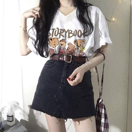 胖mm夏V领港味chic短袖遮肚显瘦