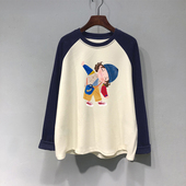 上衣ins复古插肩长袖 秋冬纯棉打底衫 女撞色设计感oversize大码 T恤