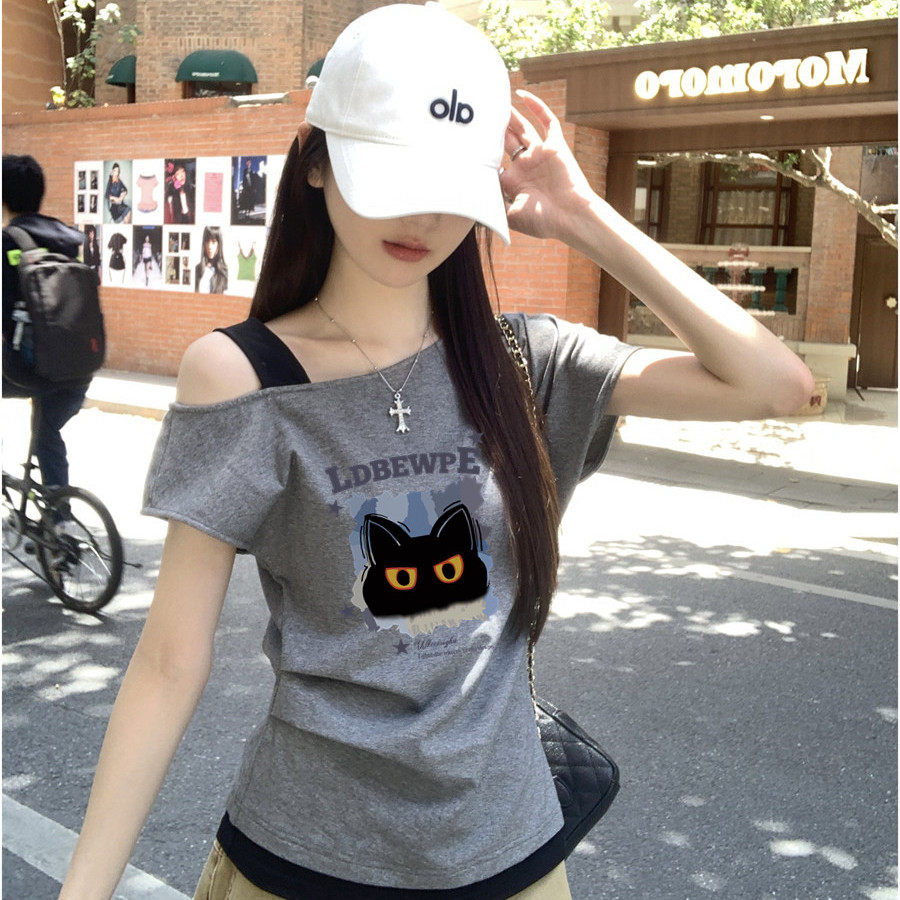 vintage美式复古甜辣妹斜肩短袖t恤女夏季露肩个性修身上衣ins潮 - 实物图