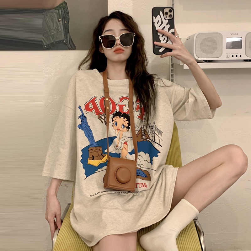 美式复古大码纯棉t恤上衣女