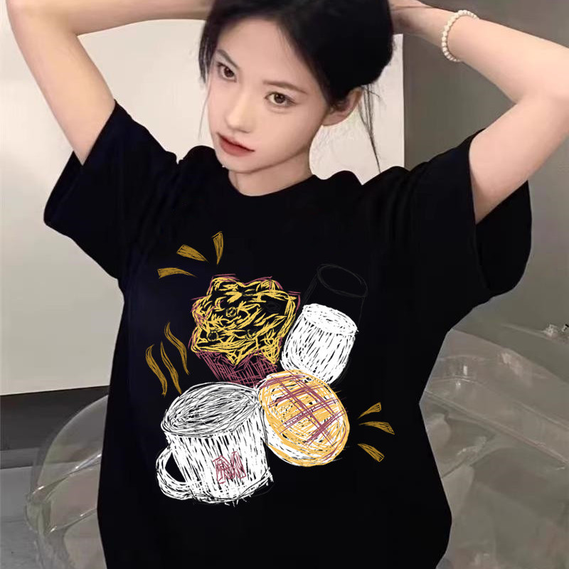 学院风趣味印花黑色短袖T恤女
