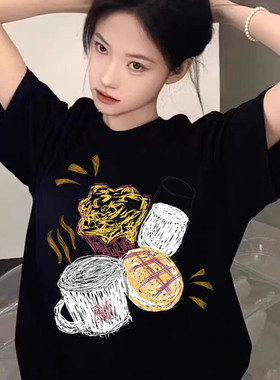 大码胖mm美式复古学院风趣味印花黑色短袖T恤女ins潮宽松打底上衣