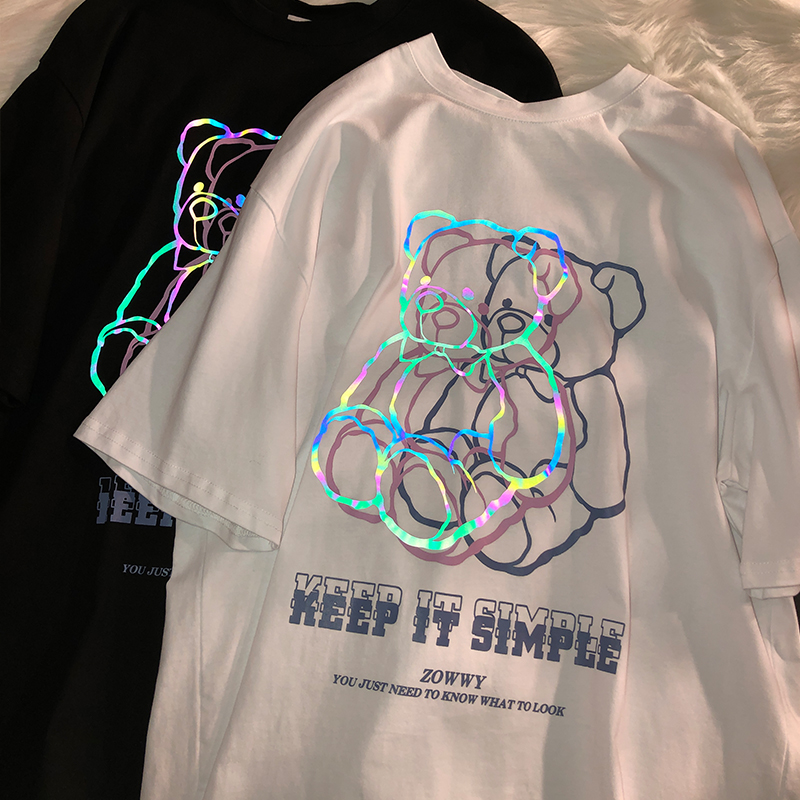 速发美式vitage复古t恤大r炸街反光上衣潮oveis码ze