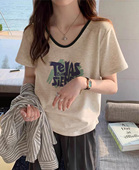 chic小个子V领短袖 胖mm大码 韩版 短款 ins潮印花上衣 撞色T恤女夏季