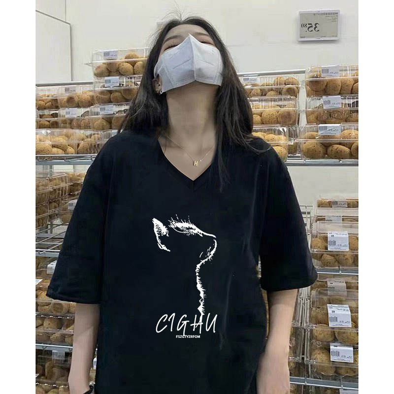短袖韩系复古V领闺蜜装纯棉T恤