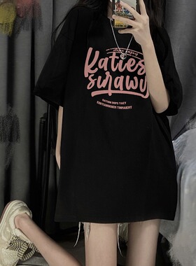 黑色短袖t恤女夏2023新款oversize大码宽松显瘦纯棉ins潮美式上衣