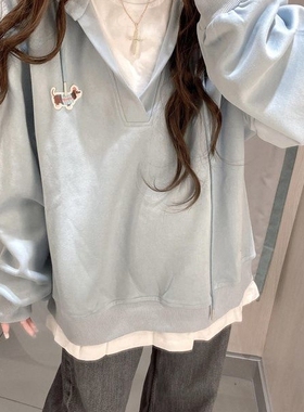 vintage国潮浅蓝色假两件连帽卫衣女学院风休闲百搭外套chic上衣