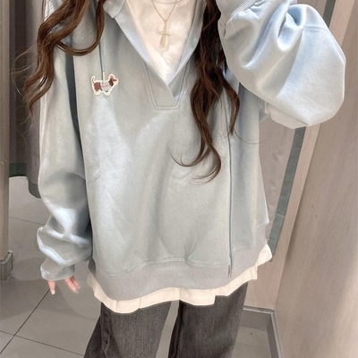 vintage国潮蓝色假两件连帽卫衣