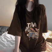 纯棉oversize休闲风ins潮半袖 女装 上衣夏 T恤大码 棕色复古chic短袖