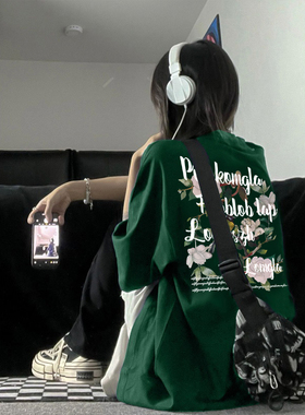 美式hiphop高街T恤女夏宽松大码慵懒风纯棉短袖ins潮牌情侣装上衣