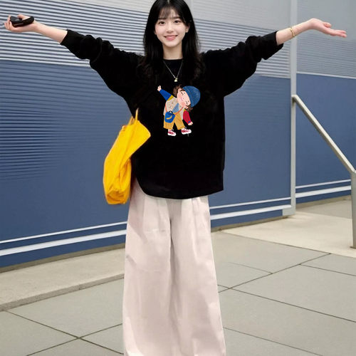 大码长袖T恤女秋单穿黑色宽松