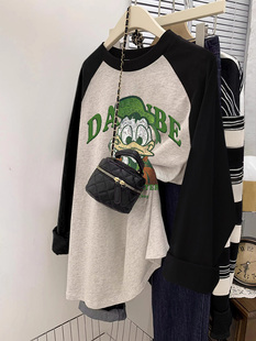 ins潮大码 内搭打底衫 宽松纯棉上衣 T恤女秋季 胖mm撞色圆领插肩长袖