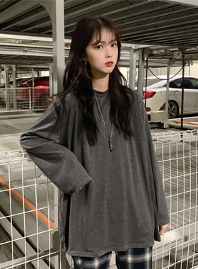 港味早春季上衣女装潮2020新款纯色慵懒风酷长袖t恤女韩版宽松ins
