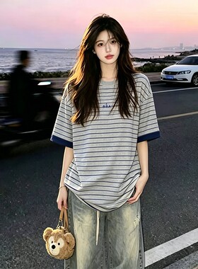 日系慵懒风条纹短袖T恤女士撞色