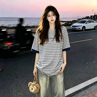 日系慵懒风条纹短袖T恤女士撞色边炸街别致半袖上衣ins体桖衫宽松