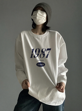 cec超火大码纯棉长袖t恤女白色秋冬内搭ins潮美式复古打底衫上衣