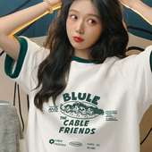 大码 上衣潮 ins超火宽松半袖 港味复古chic设计感短袖 t恤女2022夏季