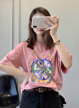 oversizet恤女粉色港风chic夏季纯棉宽松大码短袖ins潮牌上衣体恤