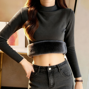 大码加绒加厚小立领打底衫女灰色修身内搭保暖纯欲上衣冬长袖t恤