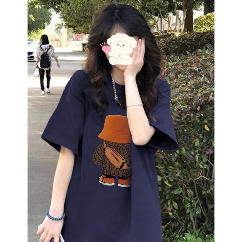 蓝色洋气上衣美式复古短袖潮印花