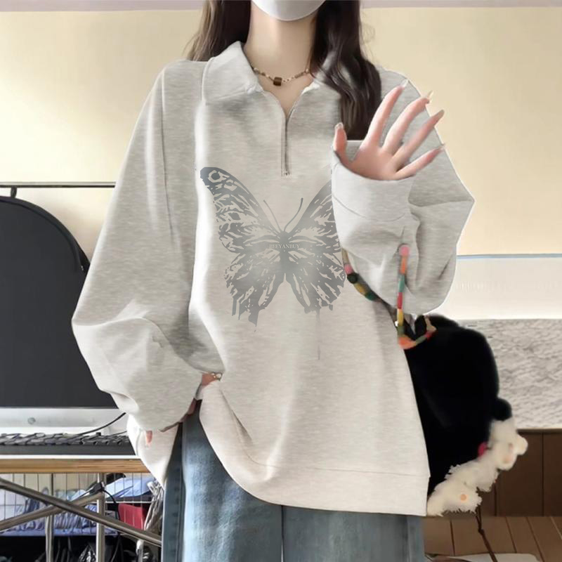 国潮Polo领春秋卫衣女半拉链外套