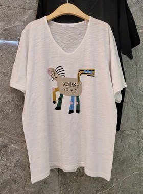 超火cec竹节棉白色短袖t恤女2026夏季宽松胖mm大码v领上衣ins潮牌