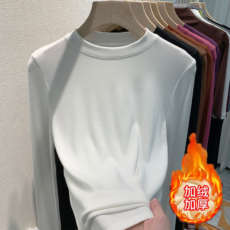 胖mm保暖洋气圆领德绒打底t恤衫
