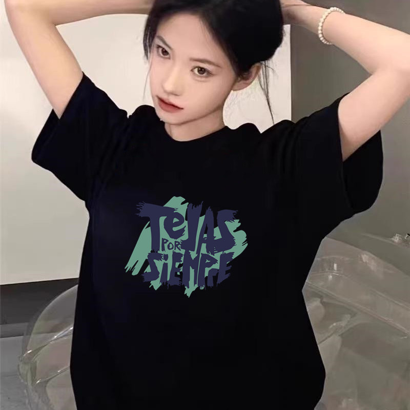 大码纯棉短袖t恤女宽松学院风趣味印花黑色夏日绝美漂亮小上衣ins