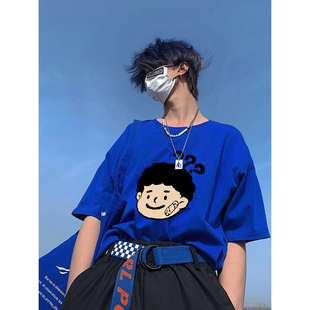 美式 ins潮上衣夏 克莱因蓝纯棉t恤女ins大码 oversize显瘦小众短袖