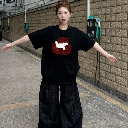 韩系显瘦夏季正肩半袖上衣服美式高街黑色纯棉短袖t恤女宽松ins潮