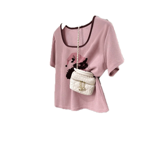 法式方领T恤女装夏季2024新款小众大码短款短袖ins潮正肩辣妹上衣