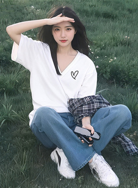 超火cec纯棉体恤衫2025夏季独特v领T恤白色短袖上衣ins潮慵懒风bf