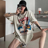 夏季 美式 ins2022新款 t恤女纯棉潮牌古着短袖 上衣 vintage复古大码