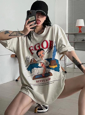 美式vintage复古大码t恤女纯棉潮牌古着短袖ins2022新款夏季上衣