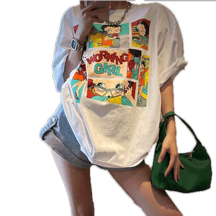 夏季欧美街头风设计感正肩休闲大码t恤女潮牌ins宽松纯棉短袖上衣