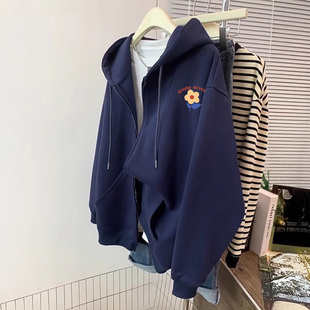 vintage大码宽松初冬外套加绒加厚开衫连帽卫衣女ins正肩显瘦上衣