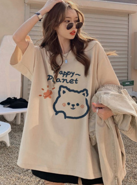 胖mm上衣女chic宽松百搭卡其闺蜜装t恤ins潮大码oversize短袖夏季