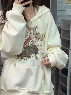 加绒连帽卫衣女韩系chic慵懒风上衣ins潮秋冬季 加厚奶系外套 大码