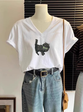 白色休闲T恤女oversize大码胖mm藏肉显瘦短袖夏ins潮洋气V领上衣
