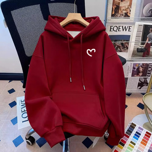 欧货大款美式连帽红色加绒超厚实chic别致卫衣加厚女外套慵懒风潮