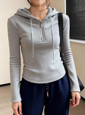 灰色半拉链修身长袖打底衫女内搭加绒瑜伽健身运动连帽衫外穿上衣